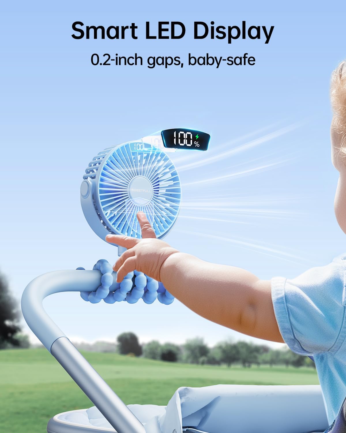 SWEETFULL [2026 Upgrade Portable Stroller Fan with LED Display, 4 Speed Rechargeable Mini Clip On Fan, 360° Rotate Flexible Tripod Better Cooling Small Baby Fan for Car Seat Crib Travel Treadmill