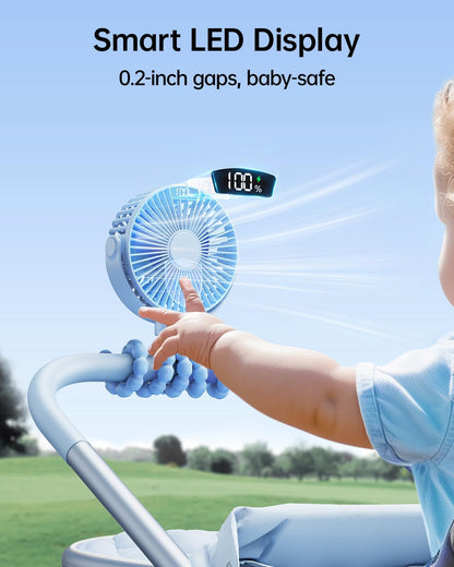 SWEETFULL [2026 Upgrade Portable Stroller Fan with LED Display, 4 Speed Rechargeable Mini Clip On Fan, 360° Rotate Flexible Tripod Better Cooling Small Baby Fan for Car Seat Crib Travel Treadmill