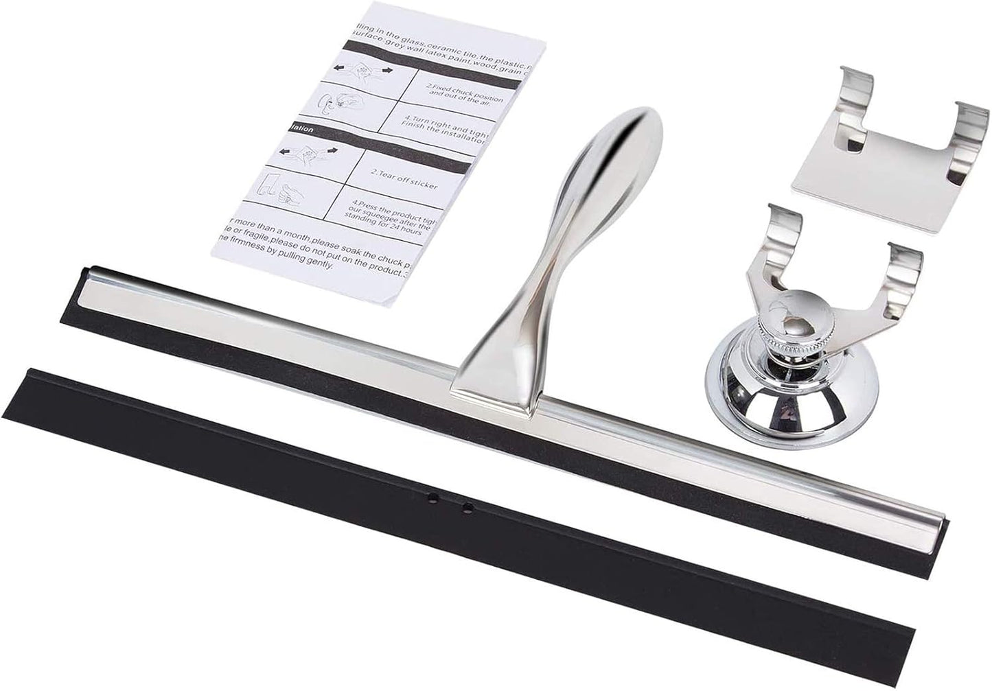12 Inch Squeegee for Shower, Shower Squeegee with Suction Cup Hooks, for Glass Door Marble Mirror Bathroom, Chrome Plated Stainless Steel Deluxe Car Window Home Kitchen Tile Scraper
