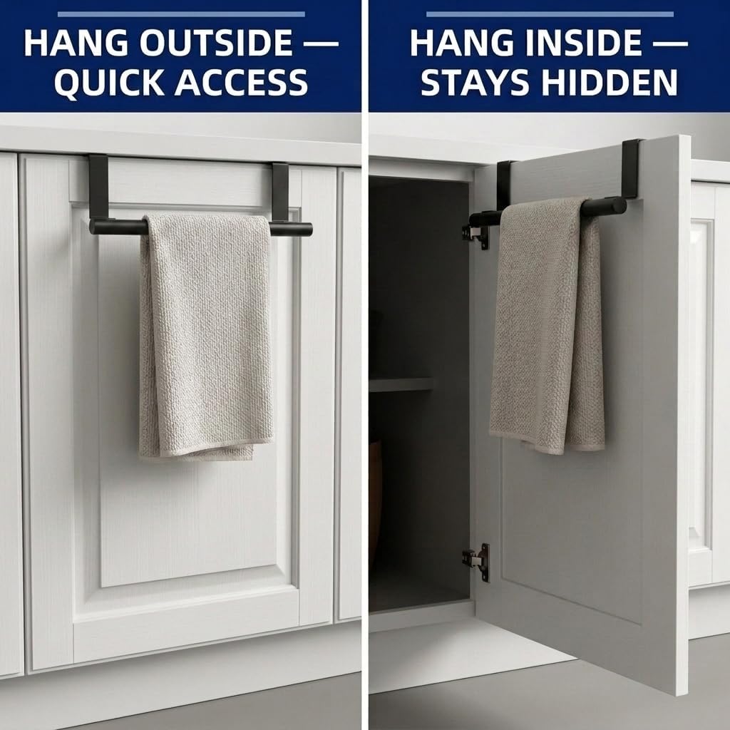 Cabinet Door Towel Bar, Kitchen Towel Holder, Matte Black 2 Pack | Extended Anti-Slip Arm, EVA Scratch Guard Pads, No-Drill Install, Stainless Steel Dish Towel Holder, Kitchen Towel Rack