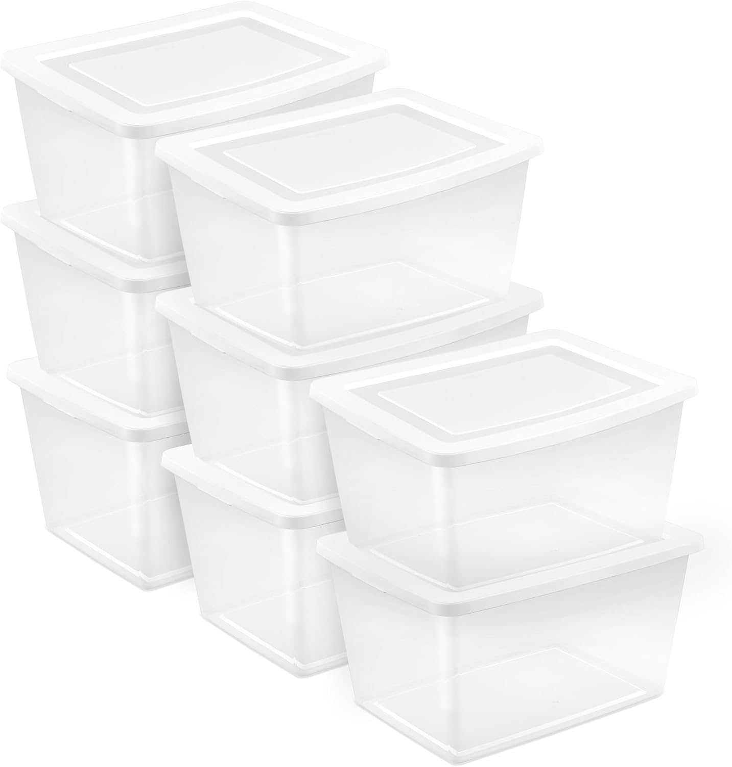 Sterilite 6 Pack Storage Box, 41 Quart Stackable Tote, Clear Plastic Container with Secure Snapping White Lids for Home and Office Organization
