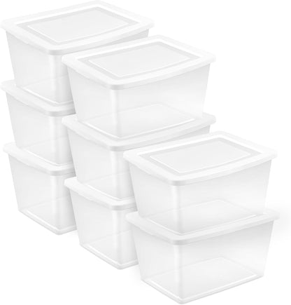 Sterilite 6 Pack Storage Box, 41 Quart Stackable Tote, Clear Plastic Container with Secure Snapping White Lids for Home and Office Organization