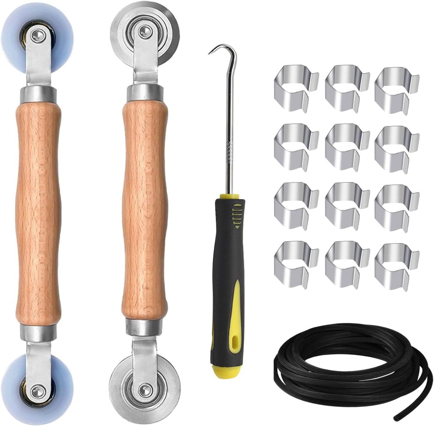 BAYTORY Upgrade Window Screen Repair Kit, Steel/Nylon Roller Tool with Bearing | Spline Removal Hook and 12Pcs Screen Clips Replacement for Installing Door Mesh Screens