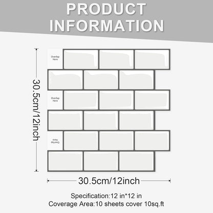 10 Sheets Peel and Stick Backsplash Tiles, Marble Look Wall Tiles for Kitchen and Bathroom, Livingroom, 12"x12", White, Waterproof Vinyl