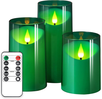 NURADA Flameless Candles with Remote Timer - Glass Real Wax 3D Wick LED Pillar Votive Candle Set Battery Operated Flickering Light for Home Christmas Decoration - White 3 Pack