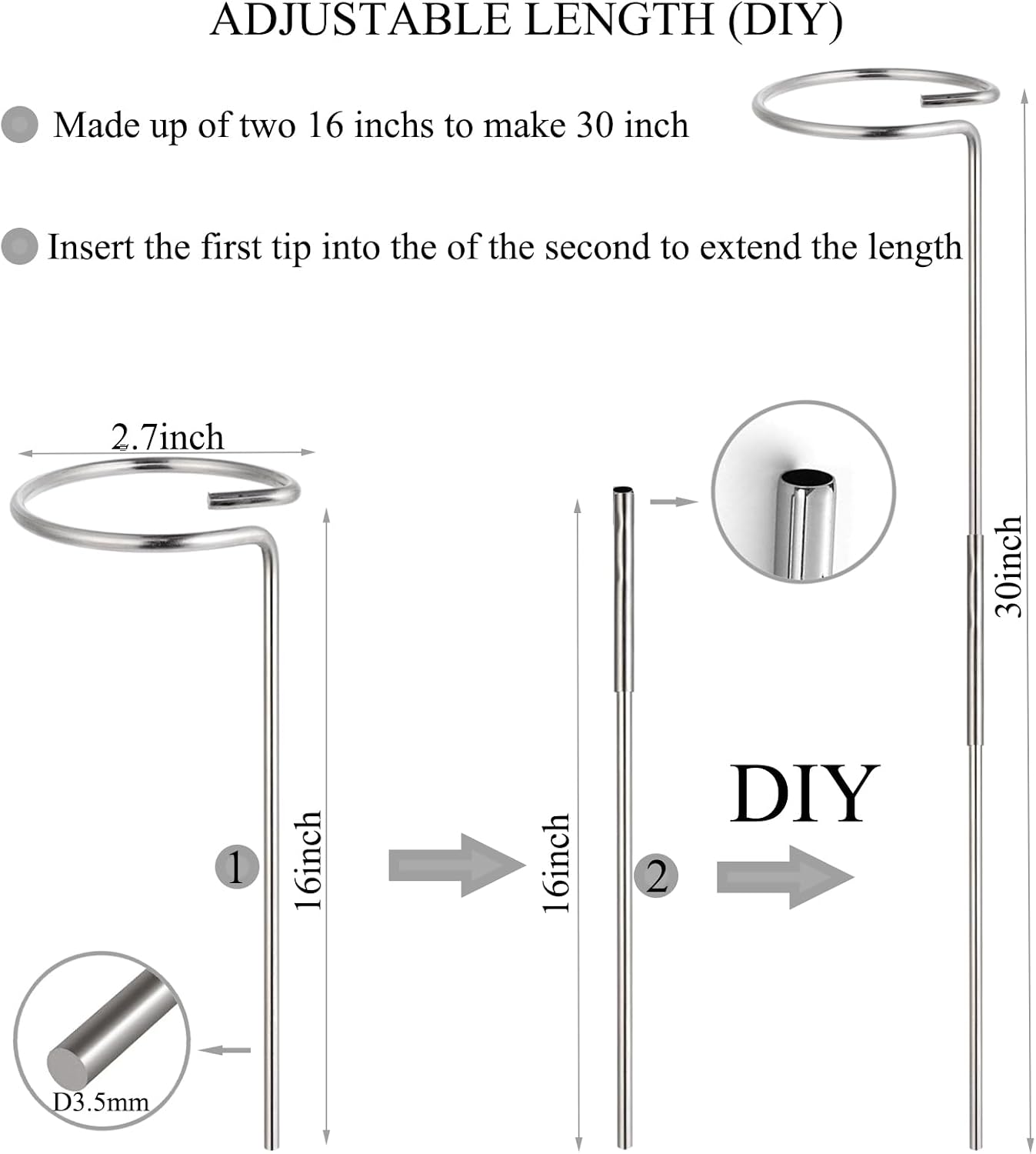 30 Inch Or 16 InchPlant Stakes for Flowers - 5 Pack (DIY), Stainless Steel Garden Tall Single Stem Support Stake Plant Cage Support Rings with Adjustable Height Fit Flowers, Plant Stable