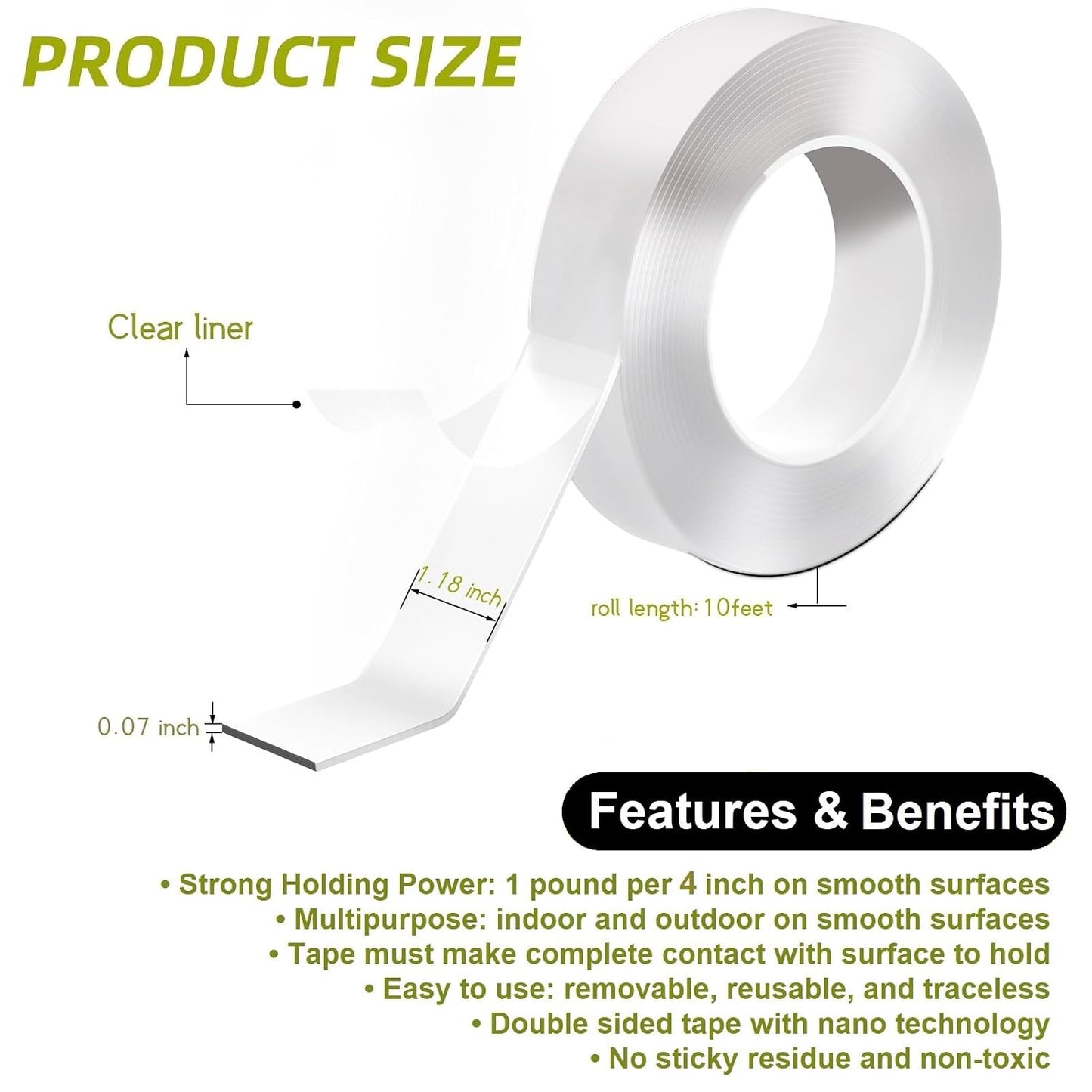 Aylaa Double Sided Tape Heavy Duty, 1.18"x120" Nano Double Sided Adhesive Tape for Walls, Removable Double Stick Tape, Picture Hanging Strips (10 Feet)