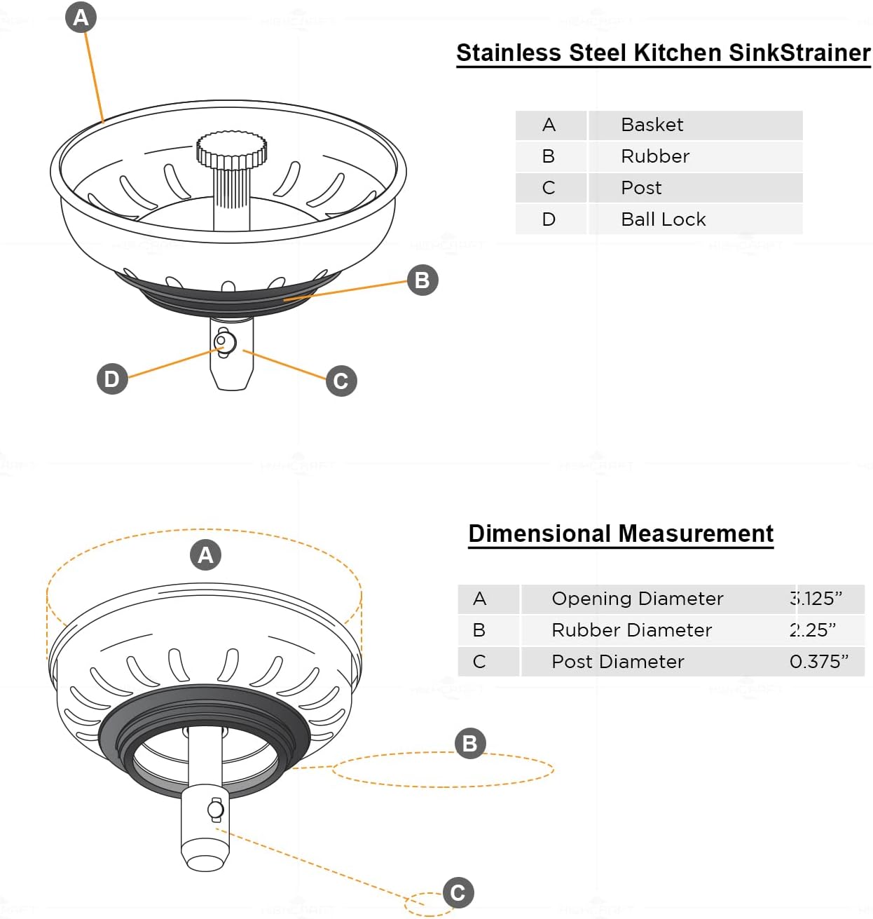 Highcraft 9754JO Stainless Steel Kitchen Sink Strainer Basket-Replacement for Standard Drains (3-1/2 Inch) -Ball-Lock Rubber Stopper, 3-1/2
