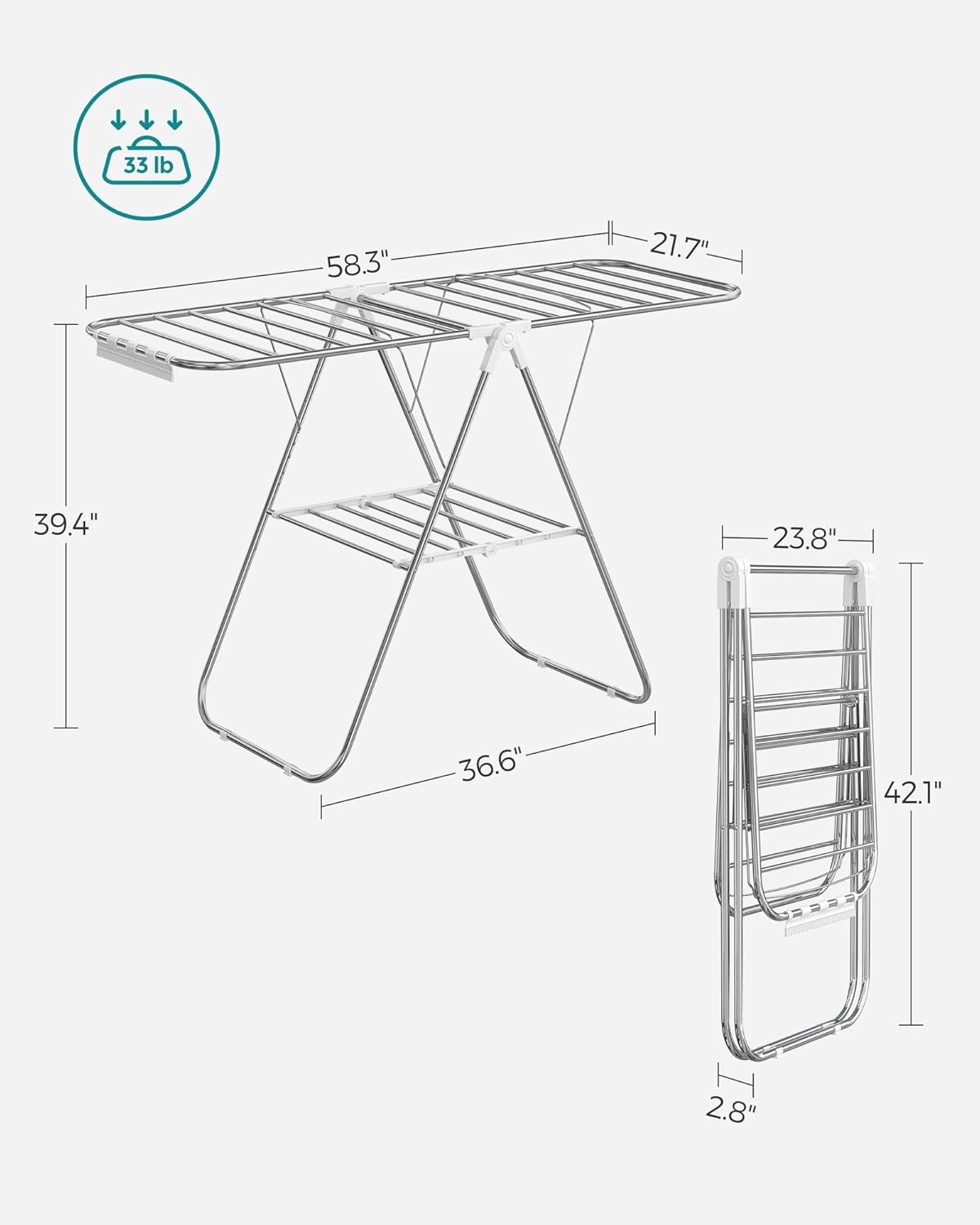 SONGMICS Clothes Drying Rack, with Sock Clips, Metal Laundry Rack, Foldable, Space-Saving, Free-Standing Airer, with 2 Height-Adjustable Gullwings, Indoor Outdoor Use, Gray ULLR052G01