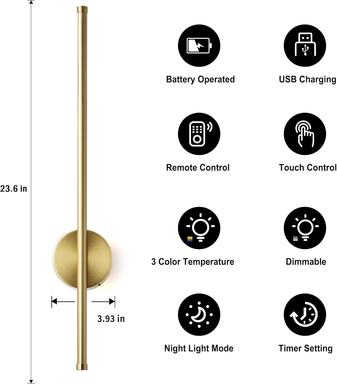 Battery Operated Modern Wall Sconces, Dimmable Wireless Wall Light Set of Two with Remote Control, 3 Color Temperatures, Rechargeable LED Wall Sconce for Bedroom, Living Room, Hallway, 23.6 Inch Brass