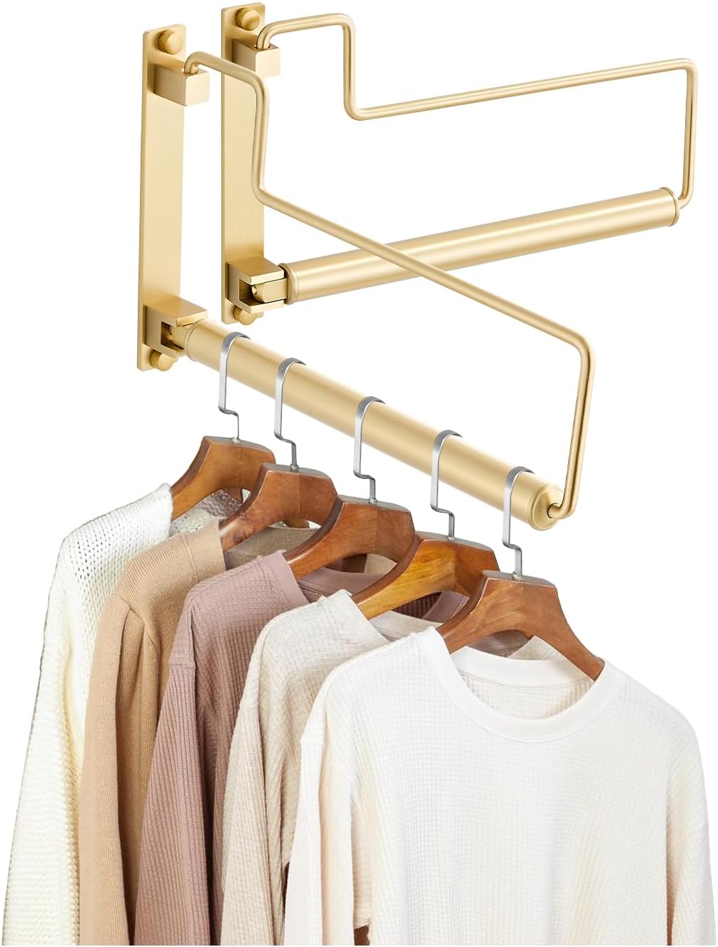 NEWRAIN Folding Wall Mounted Clothes Hanger Rack Clothes Hook Solid Brass with Swing Arm Holder Clothing Hanging System Closet Storage Organizer Heavy Duty Drying Rack Wall Mount,Brushed Gold