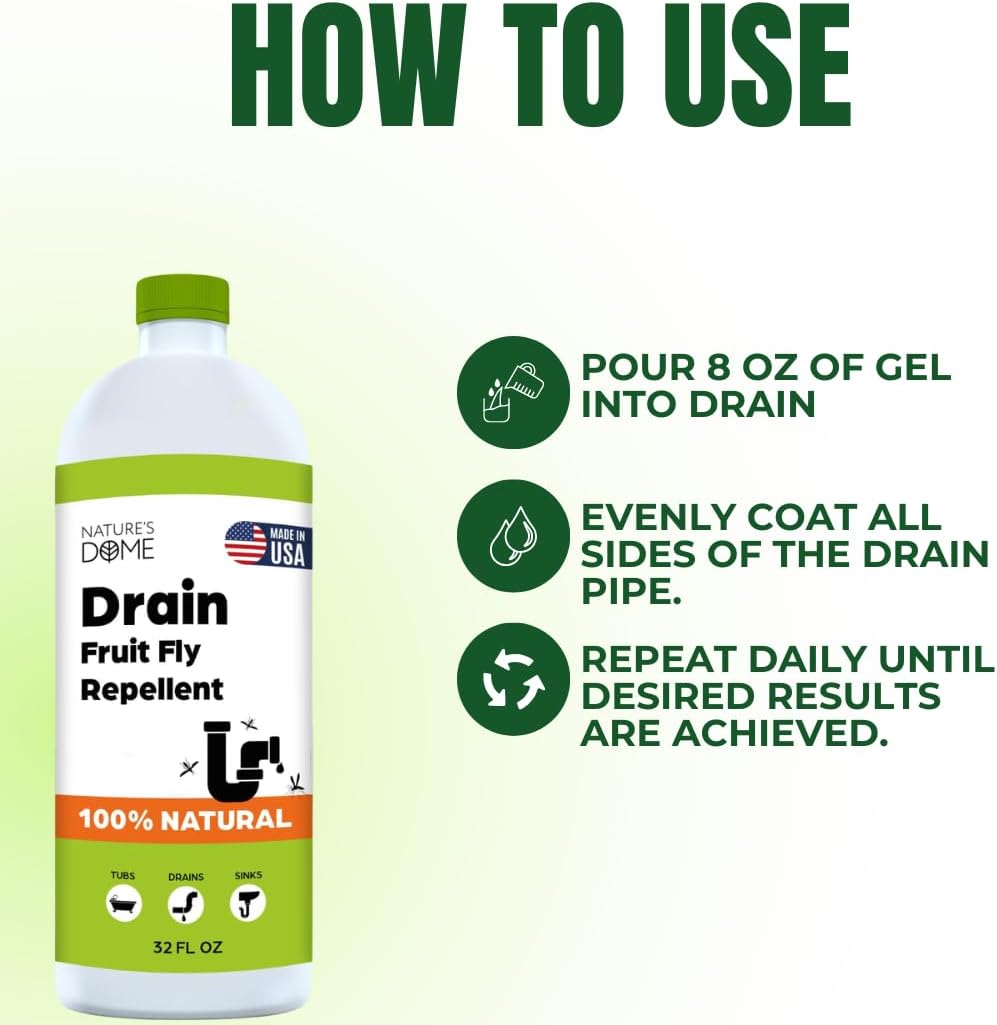 Nature’s Dome Drain Fly Killer Gel | Kills & Prevents Drain Flies & Fruit Flies | Natural Plant-Based Fly Killer Treatment Indoor for Sinks & Pipes | Safe for Septic Systems | 32 Oz