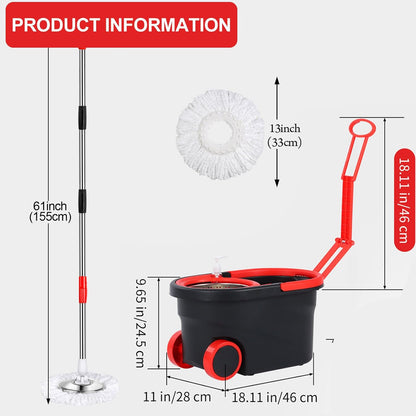 Spin Mop and Bucket with Wringer Set, 360° Rotating Head Mop Bucket System with 3 Microfiber Mop Refills Wet and Dry Suitable for Office and Home Use, Green (Black-Plus)