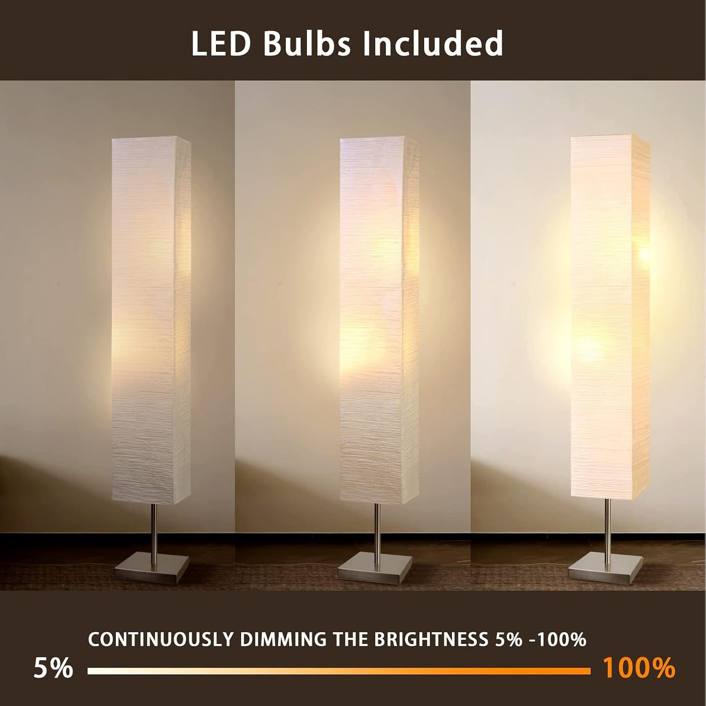Modern Floor Lamp, Dimmable 3 Levels Brightness Paper Tall Lamp Standing Lamps with Lampshade, 55'' Minimalist Floor Lamps for Office, Kids Room, Reading, Home Decor (White)