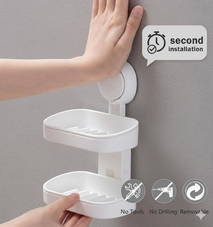 HOME&I Suction Cup Soap Dish Holder for Shower, Dual-Layer Self-Draining Bar Soap Holder, No-Drill Removable Wall Mount Soap Tray for Tile, Glass, Bathroom & Kitchen Sink
