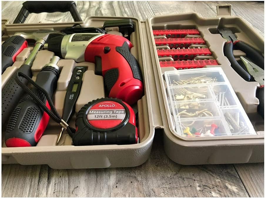Apollo Tools 161-Piece Complete Household Tool Set with 3.6 Volt Lithium-Ion Cordless Screwdriver and Most Needed Hand Tools Selection for Boats, Vehicle and Garage - Red - DT0739