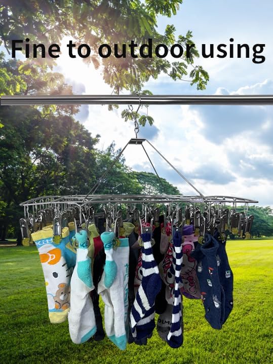 Quick Release Stainless Steel Laundry Drying Rack with Clips, Swivel Hook Wind-Proof Clothes Hanger Rack for Sock, Bras, Underwear, Laundry (Rectangle 30 Clips)