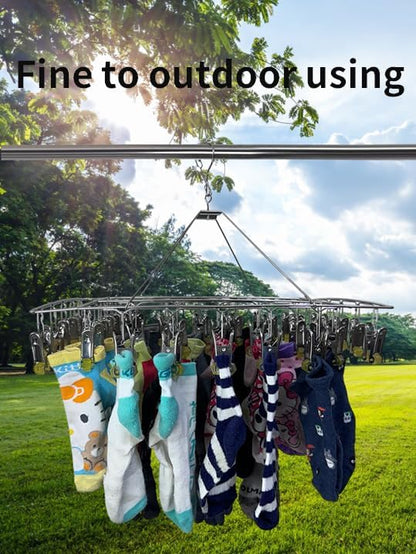 Quick Release Stainless Steel Laundry Drying Rack with Clips, Swivel Hook Wind-Proof Clothes Hanger Rack for Sock, Bras, Underwear, Laundry (Rectangle 30 Clips)