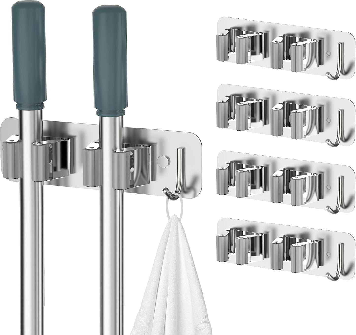 homeasy Wall Mount Mop and Broom Holder, Heavy Duty Stainless Steel Organizer Rack with Hooks | 2-Pack, 2-in-1 No Drill & Screw Installation, Black