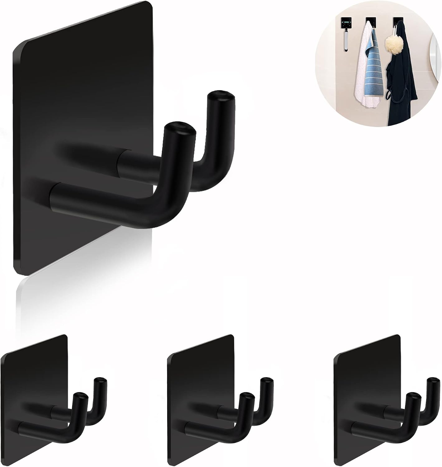 Adhesive Hooks Heavy Duty, Long Stainless Steel Self Adhesive Wall Hook, Sticky Towel Hangers for Kitchen Bathroom, Waterproof Stick on Door Hooks for Hanging Key Hat Coat 4Pack(Black)