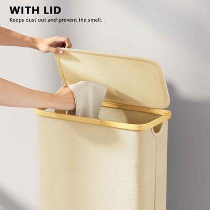SpaceAid Double Laundry Hamper 2 Section with Lid and Removable Laundry Bags, 160L Clothes Basket with Bamboo Handles, Large Collapsible Hamper for Bedroom, Bathroom, Dorm, Laundry Room - White