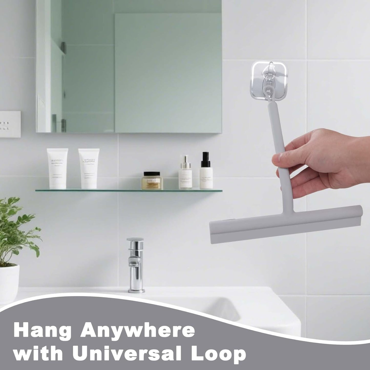 Squeegee for Shower Glass Doors, Resilient Loop - No-Drill & Adhesive Hook, Silicone Shower Squeegee with Stainless Steel Core, Cleaning Tool for Home, Kitchen, Bathroom & Car - Black