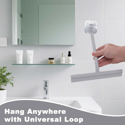 Squeegee for Shower Glass Doors, Resilient Loop - No-Drill & Adhesive Hook, Silicone Shower Squeegee with Stainless Steel Core, Cleaning Tool for Home, Kitchen, Bathroom & Car - Black