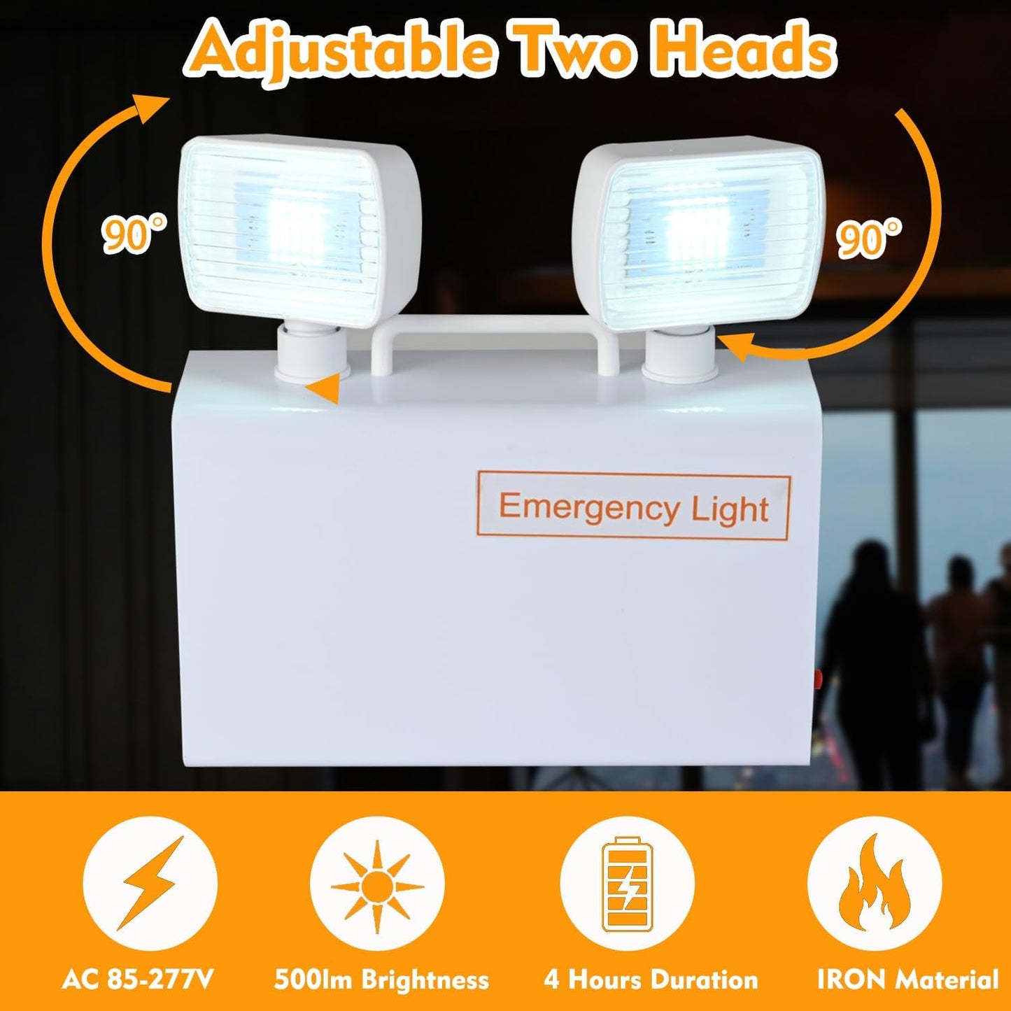Plug in Emergency Lights for Business Home Power Failure 4Hours 300lm LED Commercial Emergency Light Fixtures with Battery Backup Rechargeable Adjustable Two Heads AC85-277V