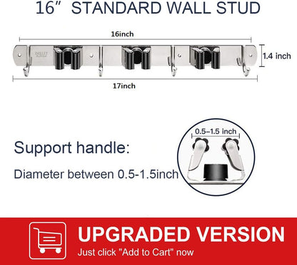 IMILLET 2 Pack Wall Mount Broom Holder Stainless Steel 5 Racks with 4 Hooks Broom Organizer Self Adhesive Heavy Duty Laundry Room, Garage Organization Storage