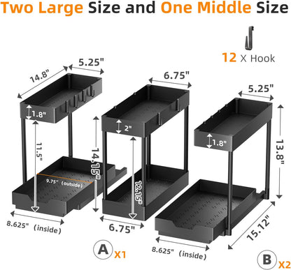 Simple Trending Under Sink Organizer 2 Pack, 2 Tier Cabinet Organizer with Sliding Basket, Multi-Purpose Sink Storage Basket with 4 Hooks for Kitchen Bathroom, Black