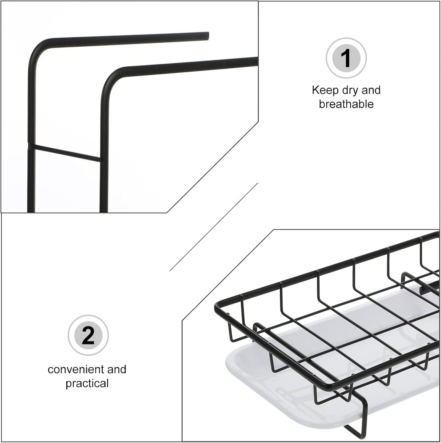 Uonlytech Kitchen Sponge Dishcloth Rack, Dual-Purpose Wall-Mounted and Counter Storage with Two Black Rods, Draining Sponge Rag Holder for Kitchen Cleaning and Organization