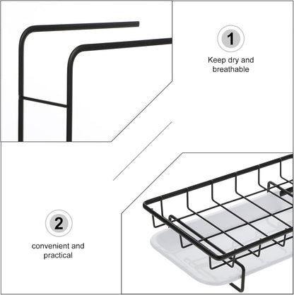Uonlytech Kitchen Sponge Dishcloth Rack, Dual-Purpose Wall-Mounted and Counter Storage with Two Black Rods, Draining Sponge Rag Holder for Kitchen Cleaning and Organization