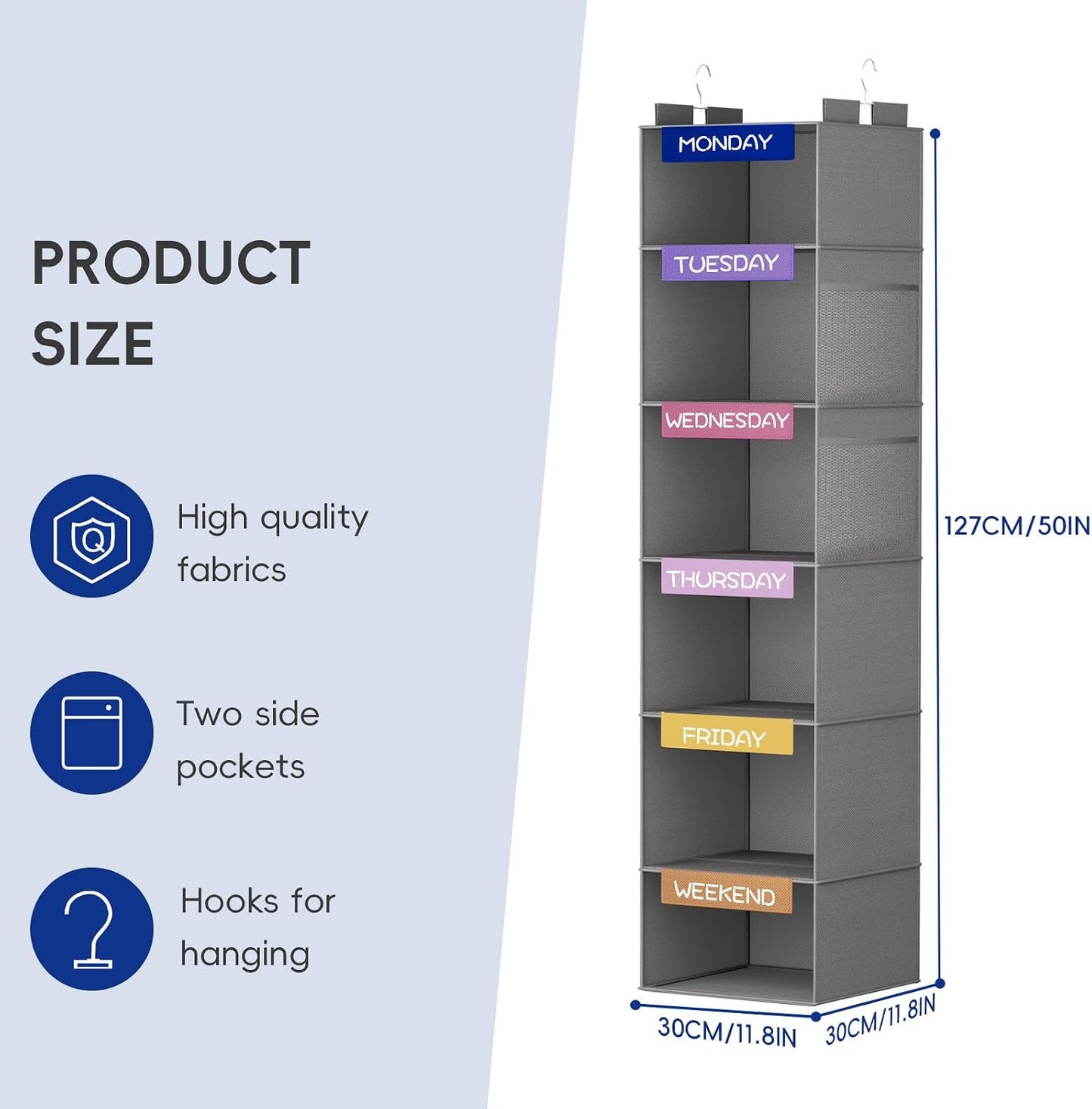 Weekly Hanging Closet Organizer for Kids, 6-Shelf Clothes Storage with Labeled Days of The Week Monday Through Friday, Weekday and Weekend, Days of The Week Clothes Organizer