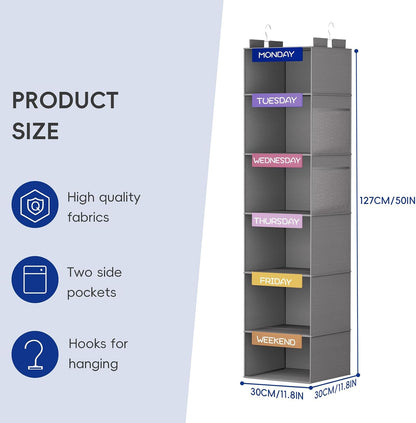 Weekly Hanging Closet Organizer for Kids, 6-Shelf Clothes Storage with Labeled Days of The Week Monday Through Friday, Weekday and Weekend, Days of The Week Clothes Organizer