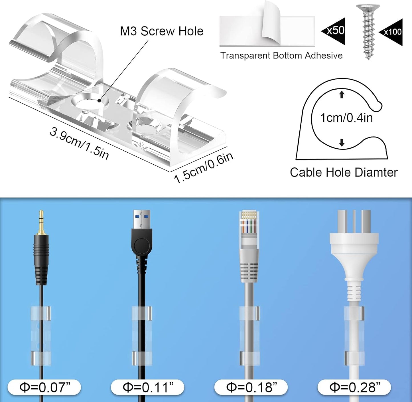 50 Cable Clips, Clear Cord Organizer, Cable Management Desk Wall | Self-Adhesive with 100 Screws for Damage-Free Mounting on Wood Glass Metal and Painted Surfaces