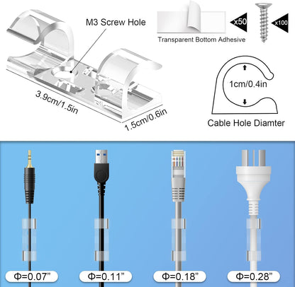 50 Cable Clips, Clear Cord Organizer, Cable Management Desk Wall | Self-Adhesive with 100 Screws for Damage-Free Mounting on Wood Glass Metal and Painted Surfaces