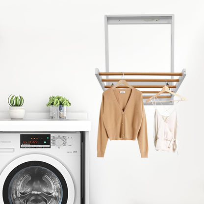 Wall Mount Clothes Drying Rack for Laundry, Foldable Wall Mount Laundry Rack with 5 Rods Foldable Wooden Clothing Dryer Racks for Bathroom, Bedroom, Balcony