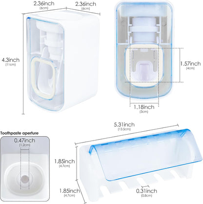 5 Slots Wall Mount Toothbrush Holder with Cover, Self Adhesive Toothbrush Storage Organizer for Shower, Toothbrush Hanger with Automatic Toothpaste Squeezer Dispenser