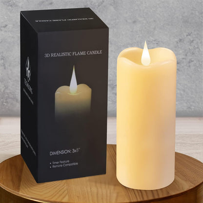TECHLONG Flameless Candles with Remote Timer, 3D Moving Flickering Flame Battery Operated Candles Lasting 1000+ Hours, 3" x 5" Ivory Real Wax Electric LED Pillar Candles, Set of 2