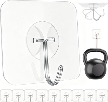 Large Hooks for Hanging Heavy-Duty 44Ib(Max) 10 Packs, Wall Hangers without Nails Self-Adhesive Traceless Clear and Removable, Waterproof and Rustproof Multiple Uses for Bathroom Kitchen Home