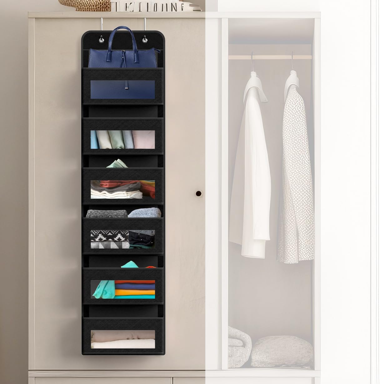 Simple Houseware 6 Clear Window Pocket Over Closet Door Storage Hanging Organizer for Bedroom, Bathroom, Pantry, Beige