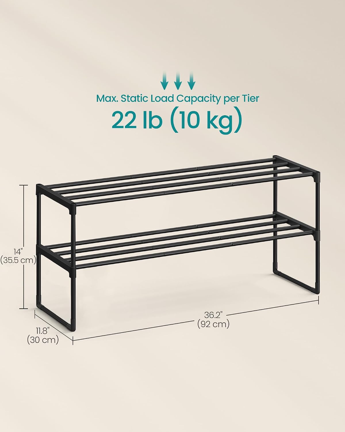 SONGMICS Shoe Rack, 6-Tier Shoe Organizer, Metal Storage Shelf, Upright or Upside Down, for 24-30 Pairs, Stackable, for Entryway, 11.8 x 36.2 x 42.7 Inches, Black ULSA306BH01