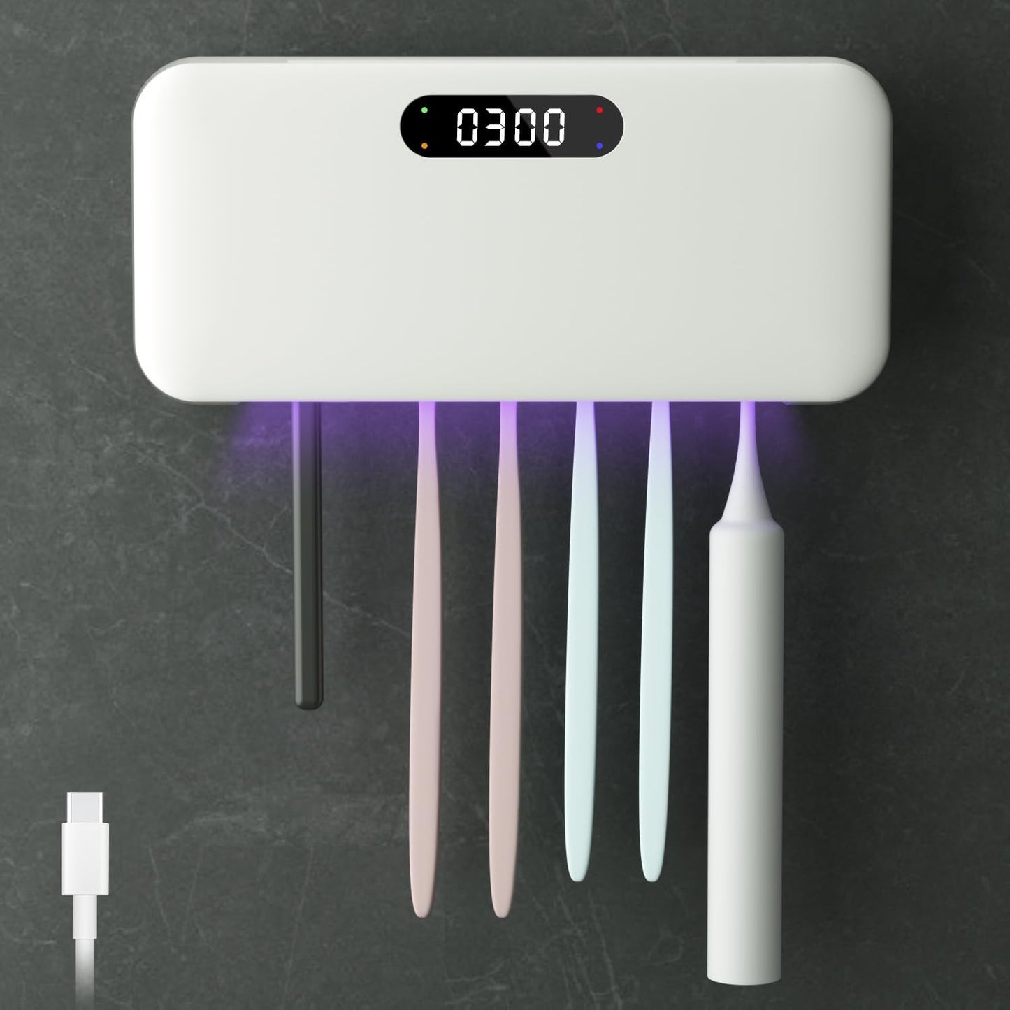 UV-C Toothbrush Sanitizer Case, Dual Light Cleaner Cover with Clear Window, USB-C Rechargeable Travel Holder for Electric and Manual Brushes, White