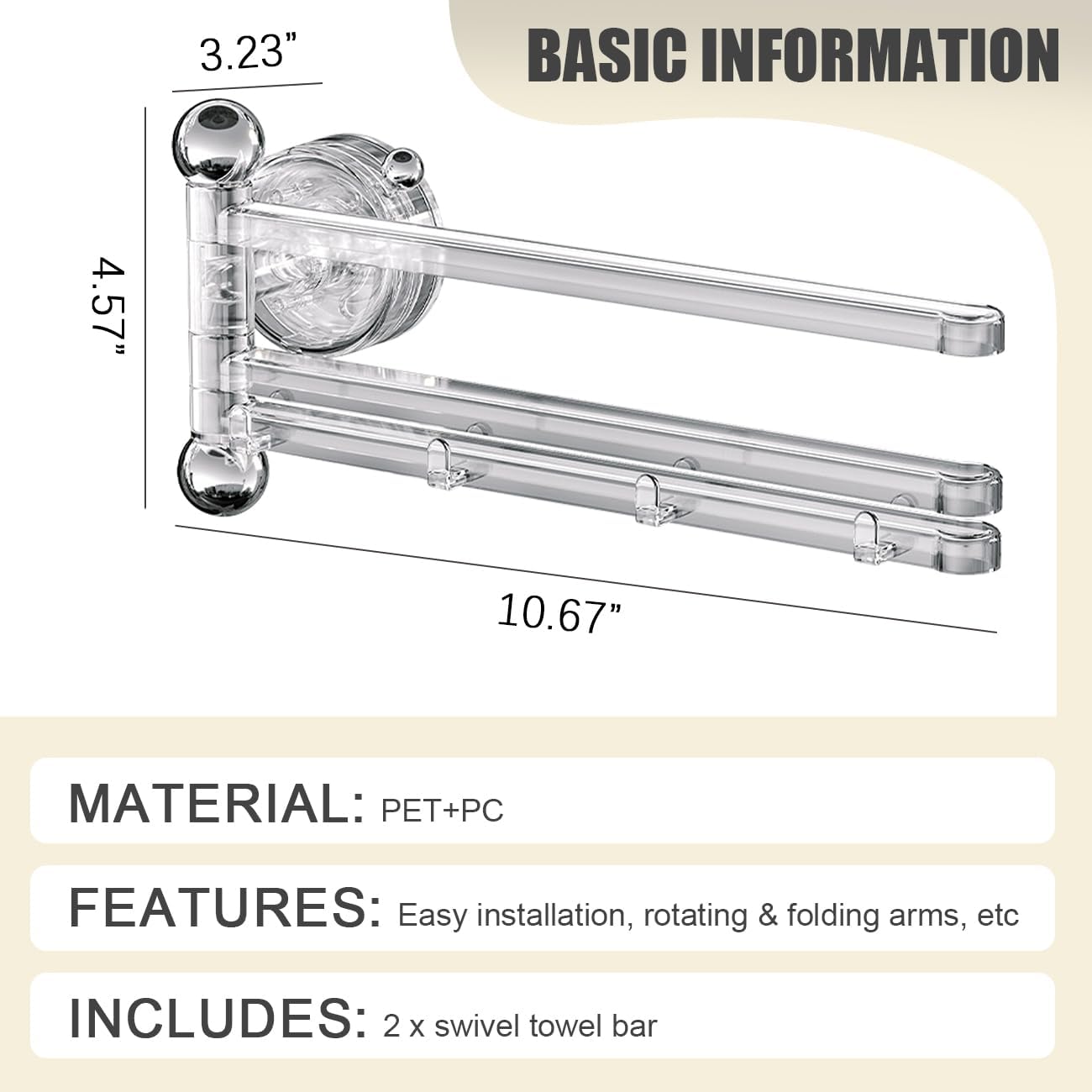 2PCS Swivel Suction Cup Towel Bar 3 Swing Arms 270°Rotation Wall Mounted Cloth Drip Dry Holder Multifunctional Storage Rack for Bathroom and Kitchen Accessories Beige