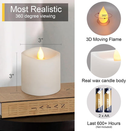 3x3 Flameless Candles with Remote Set of 2, 3 inch Battery Candles Flickering with Timer, LED Pillar Candle for Indoor/Outdoor, White