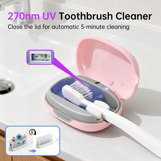 UV-C Toothbrush Sanitizer Case, Dual Light Cleaner Cover with Clear Window, USB-C Rechargeable Travel Holder for Electric and Manual Brushes, White