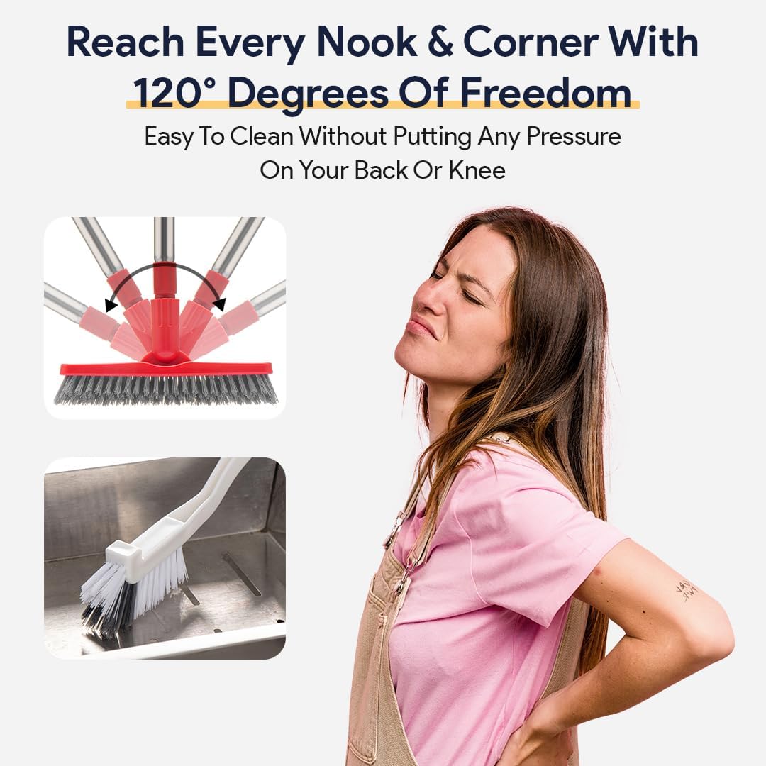 Shower Scrubber with Long Handle, Stiff Bristles Grout-Brush, Tub Scrub-Brush with Long-Handle, Shower-Cleaner Brush, Grout Cleaning Brush for Tile floors, Scouring Pad & Microfiber Cloth for Bathroom