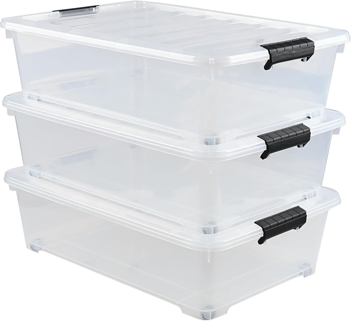 Gloreen 3 Pack Large Under Bed Storage Boxes with Wheels, 50 Quart Clear Plastic Lidded Storage Bins