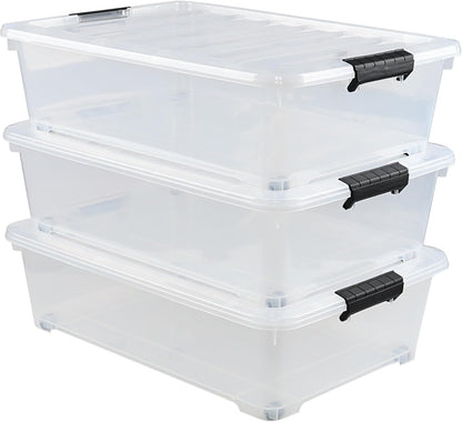 Gloreen 3 Pack Large Under Bed Storage Boxes with Wheels, 50 Quart Clear Plastic Lidded Storage Bins