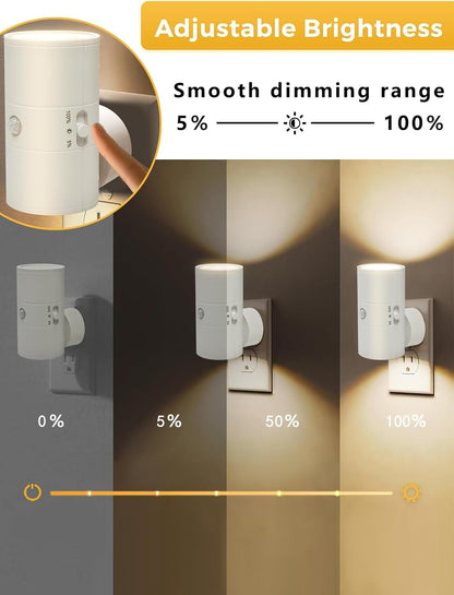 Night Light with Motion Sensor & Dusk to Dawn Sensor, Plug into Wall Night Light with 30-100lm Adjustable Brightness, Motion Activated Night Light, 3000K Warm White for Bedroom Hallway Bathroom Stairs